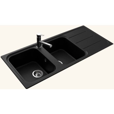 Évier granit noir 116x50 cm – 2 bacs réversibles – Évier à encastrer avec vidage manuel – Bonde et siphon inclus – EWI