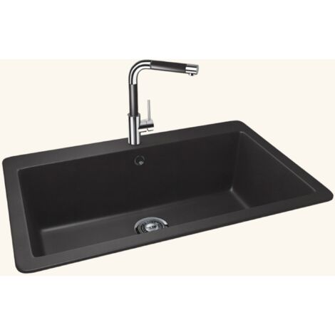 Évier granit noir 83,8x53 cm – Évier à encastrer 1 bac sans égouttoir – Bonde et siphon inclus – Pour meuble sous évier 90 cm minimum – Schock