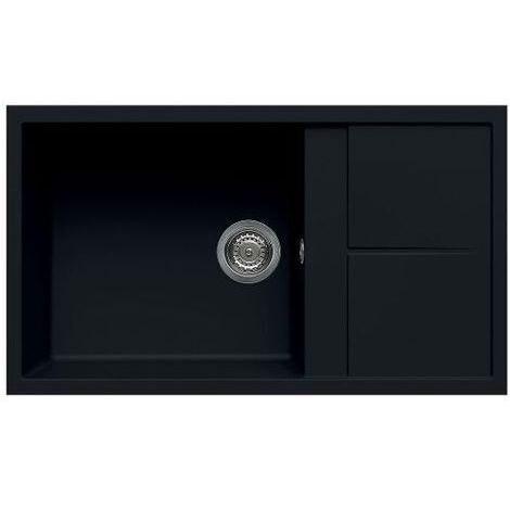Évier granit noir 86x50 cm – 1 grand bac réversible – Évier à encastrer avec bonde et siphon inclus – Pour meuble sous évier 60 cm – Luisina