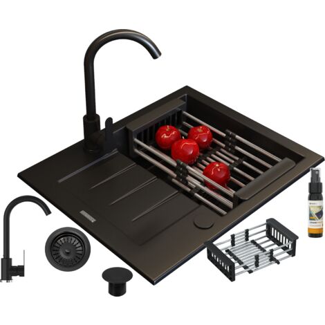 ÉVIER GRANIT NOIR CUISINE MITIGEUR ÉGOUTTOIR SIPHON SET MILANO