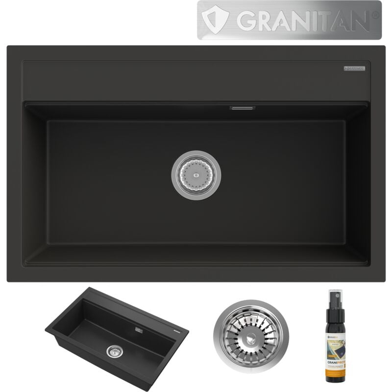 Granitan - vier granite noir grand bac cuisine siphon chrome asti