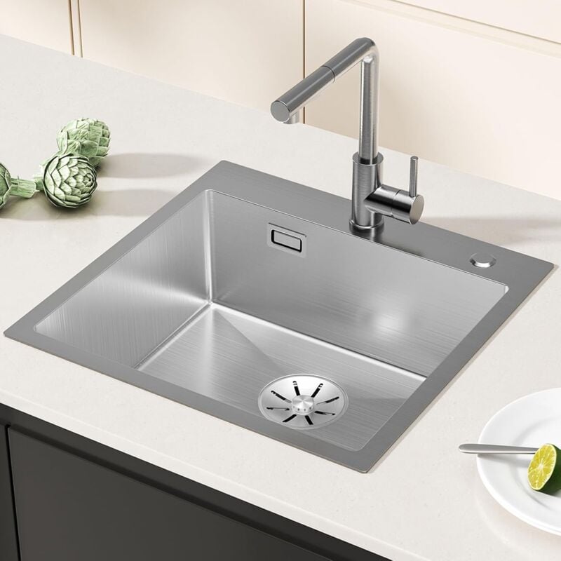 Cecipa - vier Inox 1 Bac 50×48cm, Moderne Cuisine Acier Inoxydable sus 304, Pour Meuble Bas 50cm, Avec Trop-Plein et Siphon Inclus