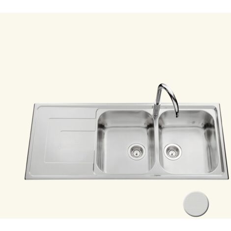 Évier inox 2 bacs 116x50 cm – Évier réversible avec vidage manuel – Bonde et siphon inclus – Pour meuble sous évier 80 cm minimum – Luisina