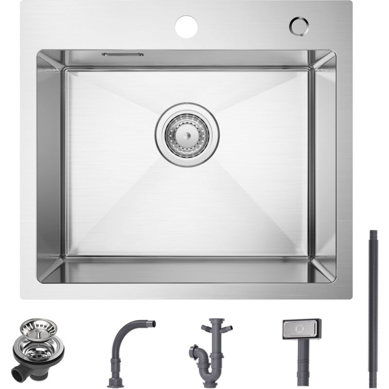 Cecipa - vier Inox Évier Cuisine 1 Bac 50 × 45 cm Évier de Cuisine Brossé en Acier Inoxydable 304 (Montage sur le Dessus/Montage à Plat)