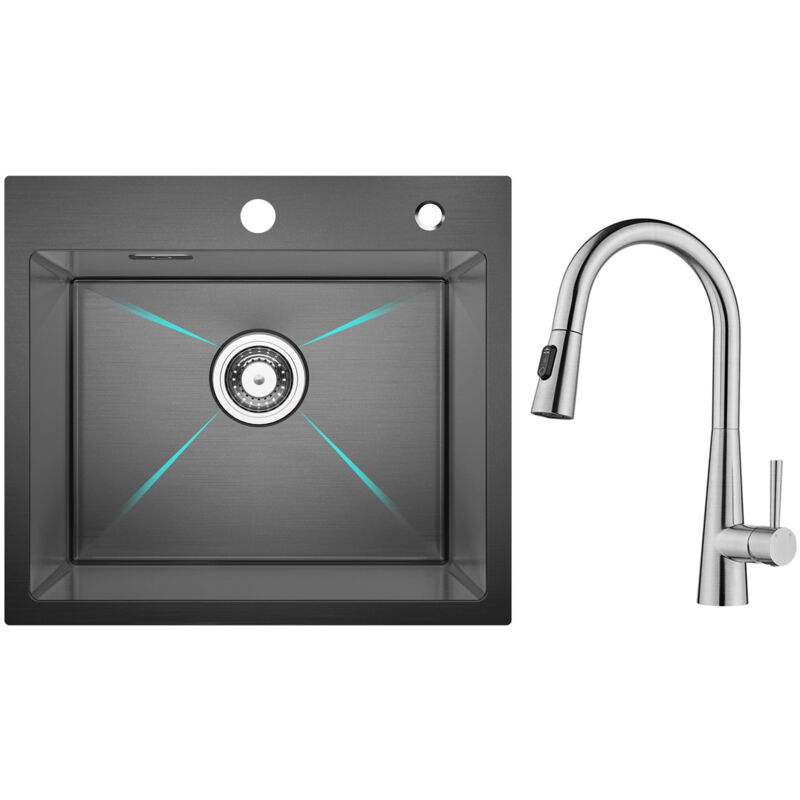 Cecipa Max - vier Inox Noir Évier 1 Bac 50 × 45 cm Évier de Cuisine + Mitigeur de Cuisine avec Douchette Extractible, Robinet de Evier avec 3 Modes