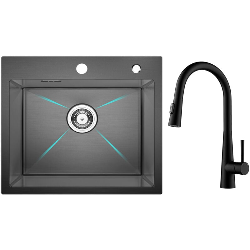 Cecipa - vier Inox Noir Évier 1 Bac 50 × 45 cm Évier de Cuisine + Mitigeur de Cuisine avec Douchette Extractible, Robinet de Evier avec 3 Modes de