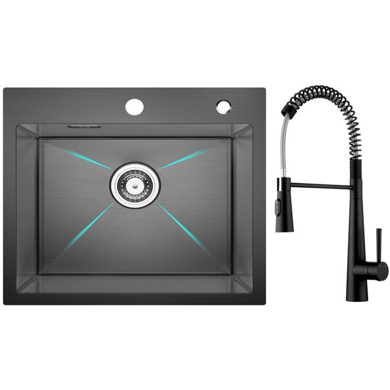 Cecipa Max - vier Inox Noir Évier 1 Bac 50 × 45 cm Évier de Cuisine + Noir Mitigeur Cuisine à Ressort avec 3 Modes de Sortie D'eau