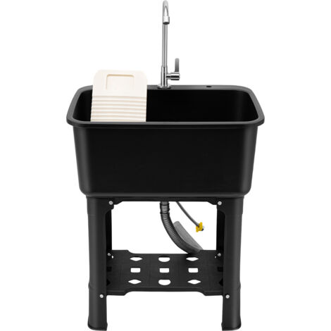 Évier ménager polyvalent, 60 x 40 x 76,5 cm, avec robinet pivotant à 360°. Évier indépendant intégré avec tablette de rangement et planche à laver. Pour salle de bains. Noir.