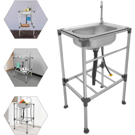Évier mobile, évier de cuisine en acier inoxydable, lavabo multifonctionnel, évier indépendant, pour usage intérieur et extérieur, garages, barbecue de jardin, etc. 48 x 35 x 83 cm