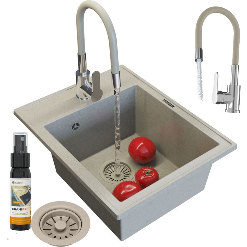 Granitan - vier de cuisine en granit 1 bac Nero monocoque avec mitigeur Robinet Grado et siphon Beige