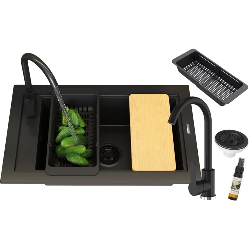 Granitan - vier monocuve mitigeur noir panier siphon panama board