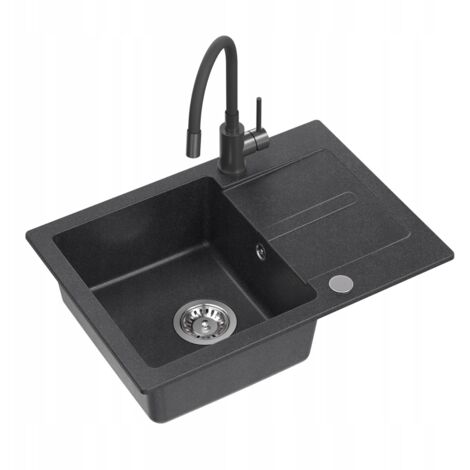 Évier Nayes en granit noir 62x44 + siphon + robinet flexible + distributeur