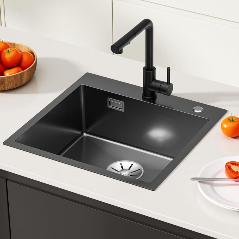 Cecipa - vier Noir 50×48cm - Cuisine 1 Bac Anthracite en Inox - Moderne Rectangulaire - Lavabo à Partir de 50 - Siphon Inclus