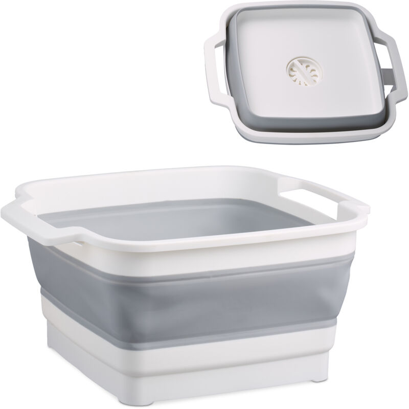 Bassine pliable, 9 litres, trou d'évacuation, poignées, plastique, pour le camping, blanc et gris - Relaxdays