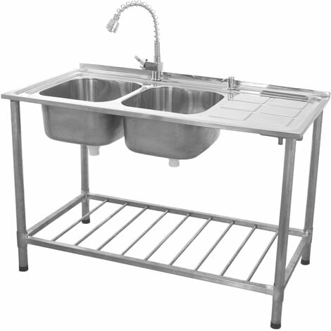 Evier Professionnel /Plonge sur Pied à Doubles Bacs en Acier Inoxydable avec Etagère de Rangement Inférieure et Robinet – Egouttoir à Droite