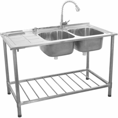 Evier Professionnel /Plonge sur Pied à Doubles Bacs en Acier Inoxydable avec Etagère de Rangement Inférieure et Robinet – Egouttoir à Gauche