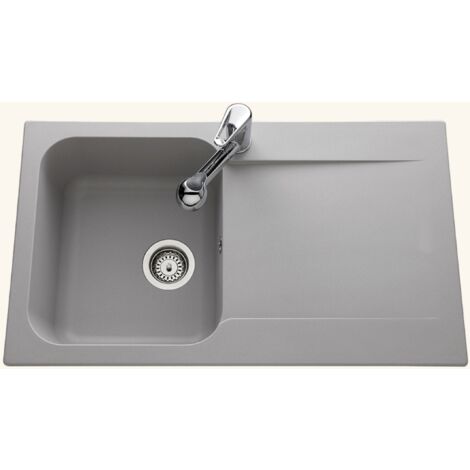Évier résine gris clair 1 bac 1 égouttoir – Évier encastrable 86x50 cm – Réversible – Équipements inclus : bonde, siphon, tuyaux d'évacuation – EWI