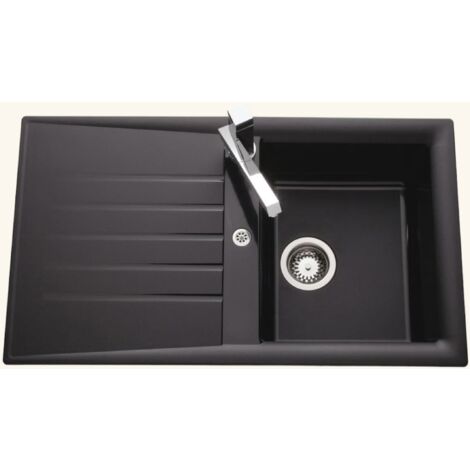 Évier résine noir 86x50 cm – Évier encastrable réversible 1 bac avec égouttoir – Bonde et siphon inclus – Pour meuble sous évier 45 cm – EWI