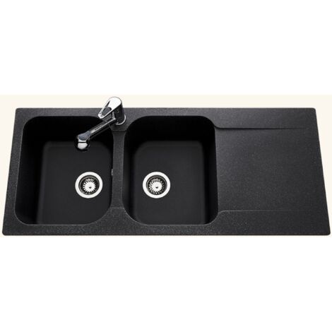 Évier résine noir moucheté 116x50 cm – 2 bacs réversibles – Évier à encastrer avec vidage manuel – Bonde et siphon inclus – EWI