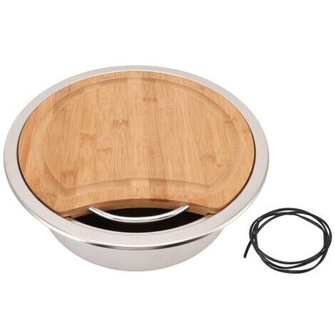 Évier rond en acier inoxydable 360mm – Bloc à découper en bambou – Compatible camping-cars et bateaux – Installation facile avec coussinet antichoc
