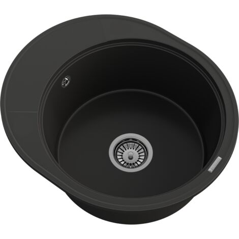 Évier Rond en Granit avec Égouttoir Latéral Réversible Granitan Ramis Noir avec Siphon Chromé 1 Bac
