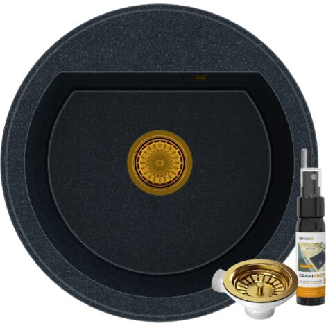 Évier Rond en Granit Cuisine 1 Bac ARNO Noir avec Paillettes Dorées + Siphon Doré