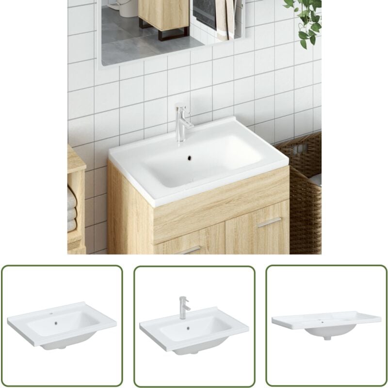 The Living Store Évier salle de bain blanc 71x48x19,5 cm rectangulaire céramique - Évier Salle De Bain - Lavabo Céramique - Lavabo Blanc - Meuble