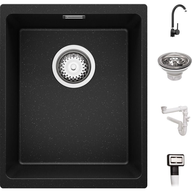 Primagran - Evier Sous Plan Noir Metallic, 36 x 45 cm, Evier en Granit 1 bac + Robinet 5000 + Siphon Classique, Lavabo Cuisine de