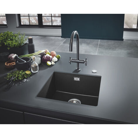 Evier sous-plan 417 x 366mm – Quartz noir granite – Vidage, siphon, bonde inclus – Montage rapide GROHE FastFixation