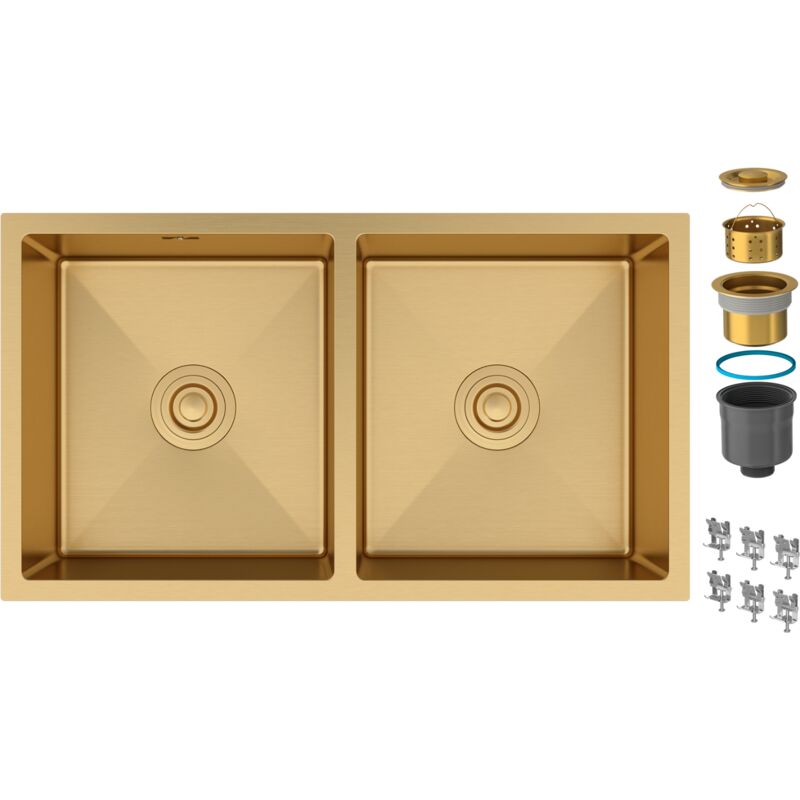 Granitan - vier sous plan à deux cuves en acier siphon de cuisine or BARI80
