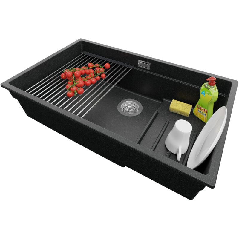 Primagran - vier Sous-Plan en Granit 76x47 cm Lavabo Cuisine 1 Bac + Kit de Vidage, Évier au meuble 80cm Évier de Graphite