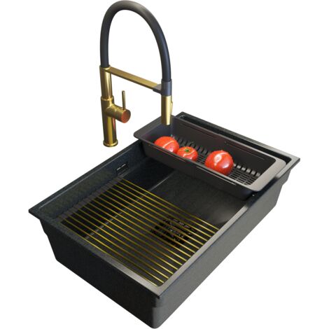 Évier sous-plan en granit noir à paillettes Granitan Epir 70 avec robinet flexible Soria, siphon carré, panier pliable noir et tapis enroulable doré