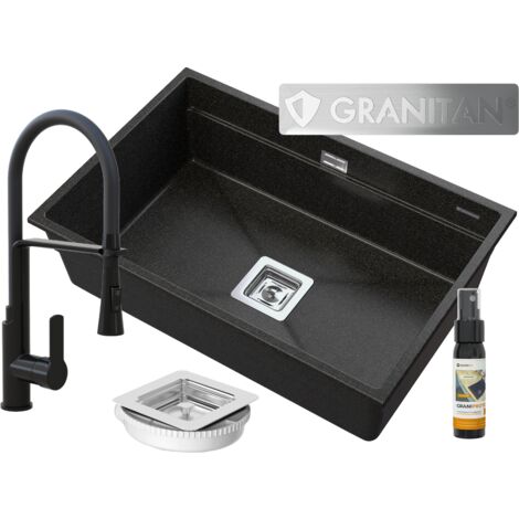 Évier sous-plan en granit noir pailleté doré avec robinetterie extractible, siphon carré et accessoires – modèle Epir 70 Golden Line.