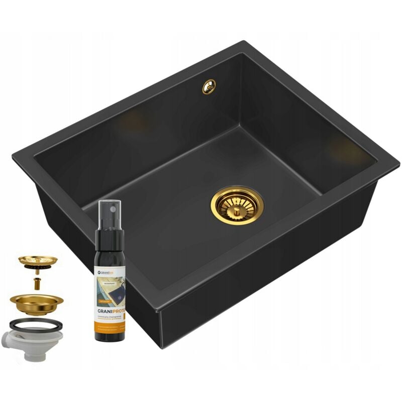 Évier Sous Plan Granit Noir SALIX avec Siphon Gold