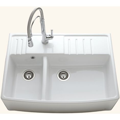 Évier timbre d'office céramique blanc EKIO NEWCO 2 bacs