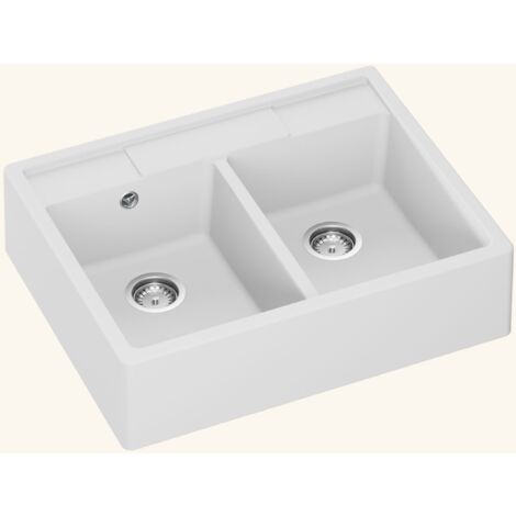 Évier timbre d'office granit blanc grisé mat Kümbad EWEN 2 bacs