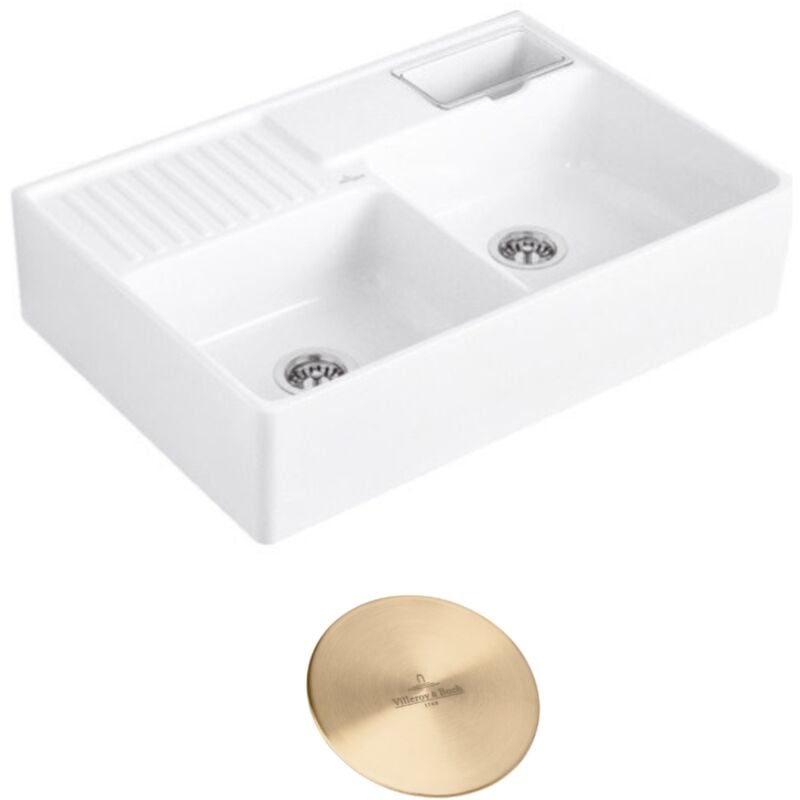 Villeroy&boch - Evier timbre d'office villeroy et boch Tradition 89,5 x 63 céramique vidage auto blanc + Cache bonde or