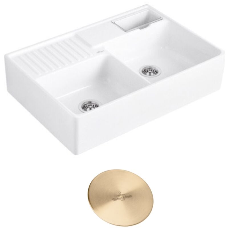 Villeroy&boch - Evier timbre d'office villeroy et boch Tradition 2 bacs 89,5 x 63 céramique vidage manuel blanc + Cache bonde or