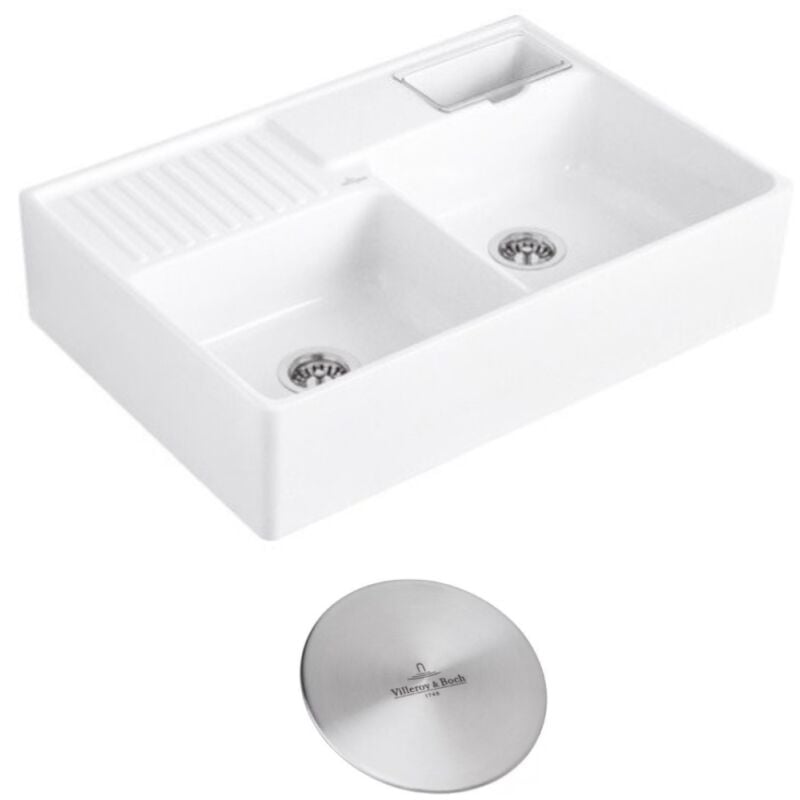 Villeroy&boch - Evier timbre d'office villeroy et boch Tradition 2 bacs 89,5 x 63 céramique vidage manuel blanc + Cache bonde acier massif