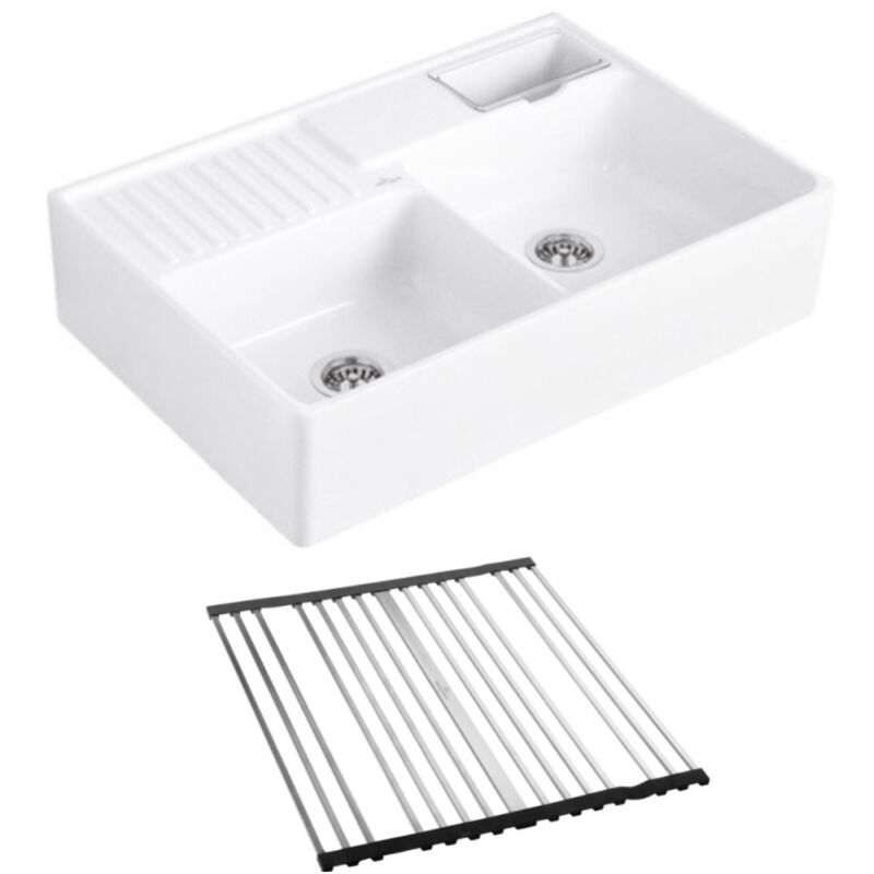 Villeroy&boch - Evier timbre d'office villeroy et boch Tradition 2 bacs 89,5 x 63 céramique vidage manuel blanc + Egouttoir déroulable