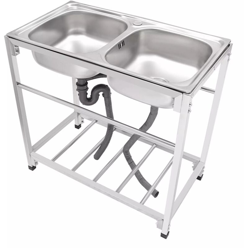 Gojoy - vier Utilitaire Extérieur Évier à Double cuve en Acier Inoxydable Évier de cuisine de Restaurant Commercial Autoportant avec Robinet Chaud et