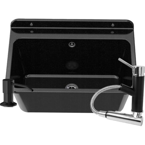 Évier Utilitaire Granitan Large avec Siphon, Mitigeur et Distributeur de Savon - Noir, 61x41x30 cm