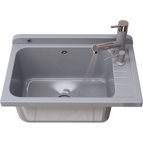 Évier utilitaire gris avec grande cuve en polypropylène résistant + robinetterie chromée extensible + distributeur de savon pivotant✔️