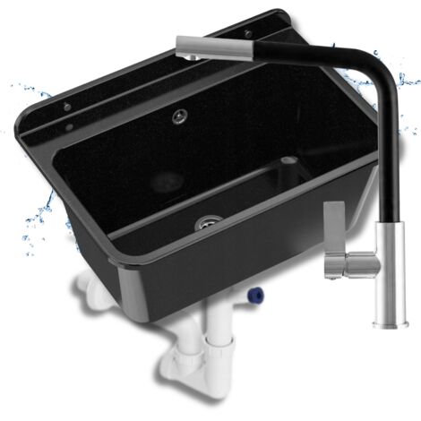 Évier utilitaire Large avec siphon et robinet avec douchette LINEA noir pour garage, buanderie, atelier – Ensemble complet de montage inclus
