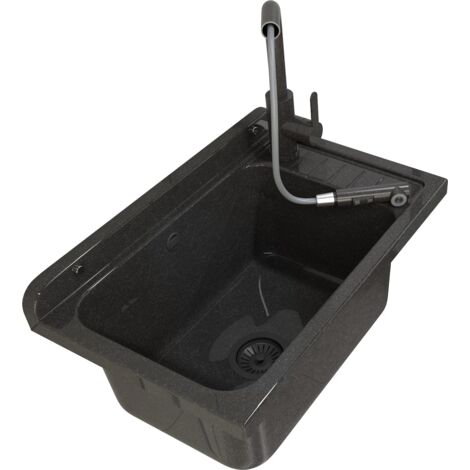 Évier utilitaire noir en polypropylène avec robinet extractible à double jet - Garage, Buanderie, Atelier - Kit de montage inclus