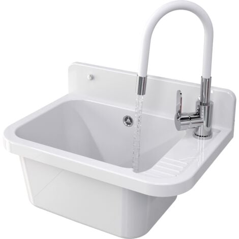 GRANITAN Évier Utilitaire Paron avec Mitigeur Flexible Blanc, pour Garage, Buanderie, Chaudière avec Siphon 1 Ensemble.