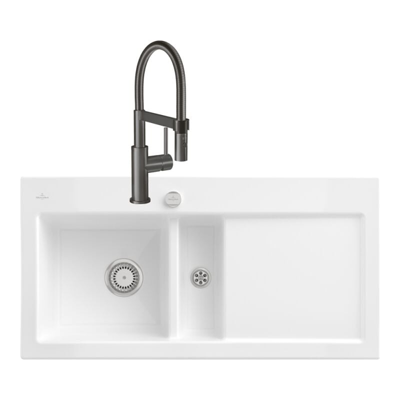 Villeroy&boch - Evier villeroy et boch Subway Pure 60 1 bac et demi égouttoir à droite vidage auto + Robinet Steel Expert Compact Anthracite