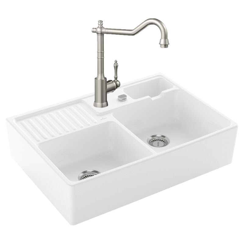 Villeroy&boch - Evier villeroy et boch Timbre d'office Tradition 2 bacs vidage auto + Robinet de cuisine Avia 2.0 Acier Massif