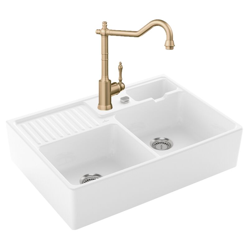 Villeroy&boch - Evier villeroy et boch Timbre d'office Tradition 2 bacs vidage auto + Robinet de cuisine Avia 2.0 Or Mat