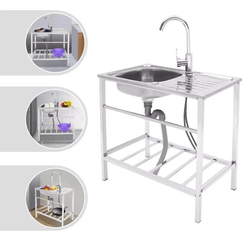 Éviers de Cuisine, Évier Inox 1 Bac avec Robinet, Évier Cuisine Extérieur, Lavabo Inox Commercial pour Restaurant, Bar, Buanderie, Garage,